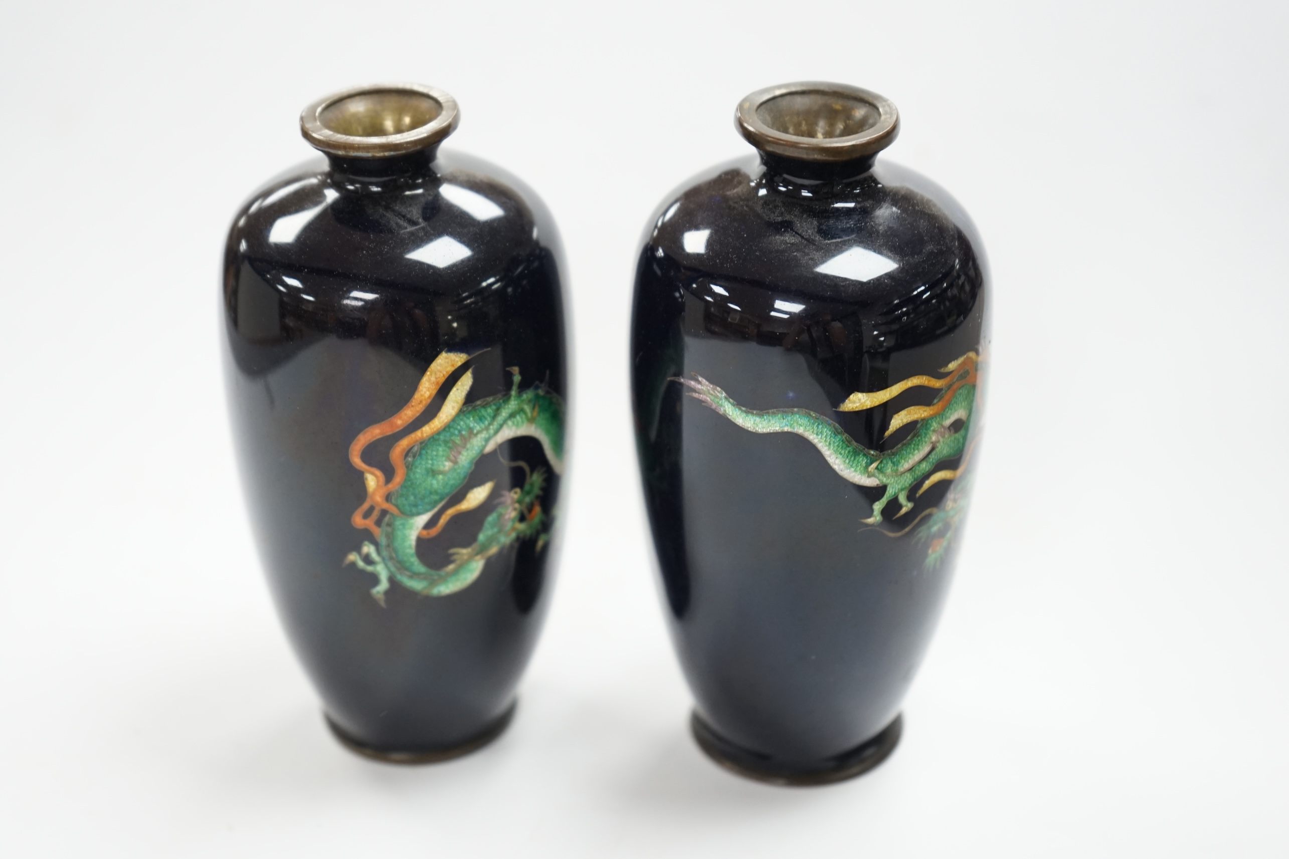 Two Japanese miniature enamelled dragon decorated vases,12cm high. Condition - good